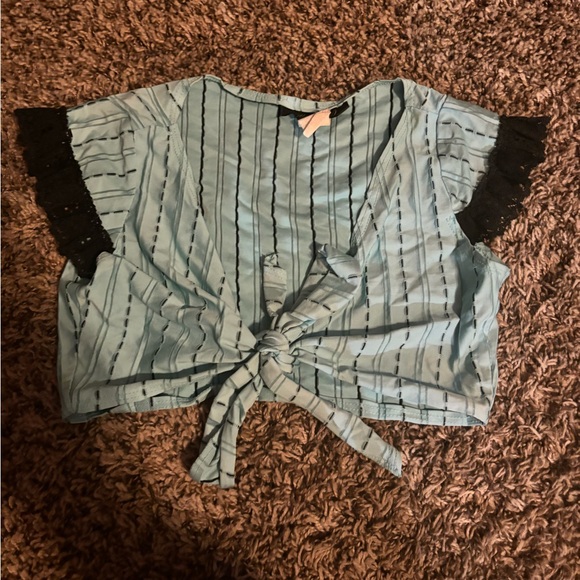 Madam D Blue & Black Striped Tie Front Crop Top with Ruffle Sleeves - Picture 2 of 8